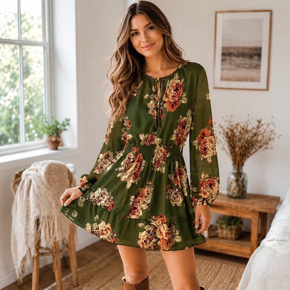 Allison & Kelly Olive Green Floral Mesh Long Sleeve Smocked Mini Dress XL